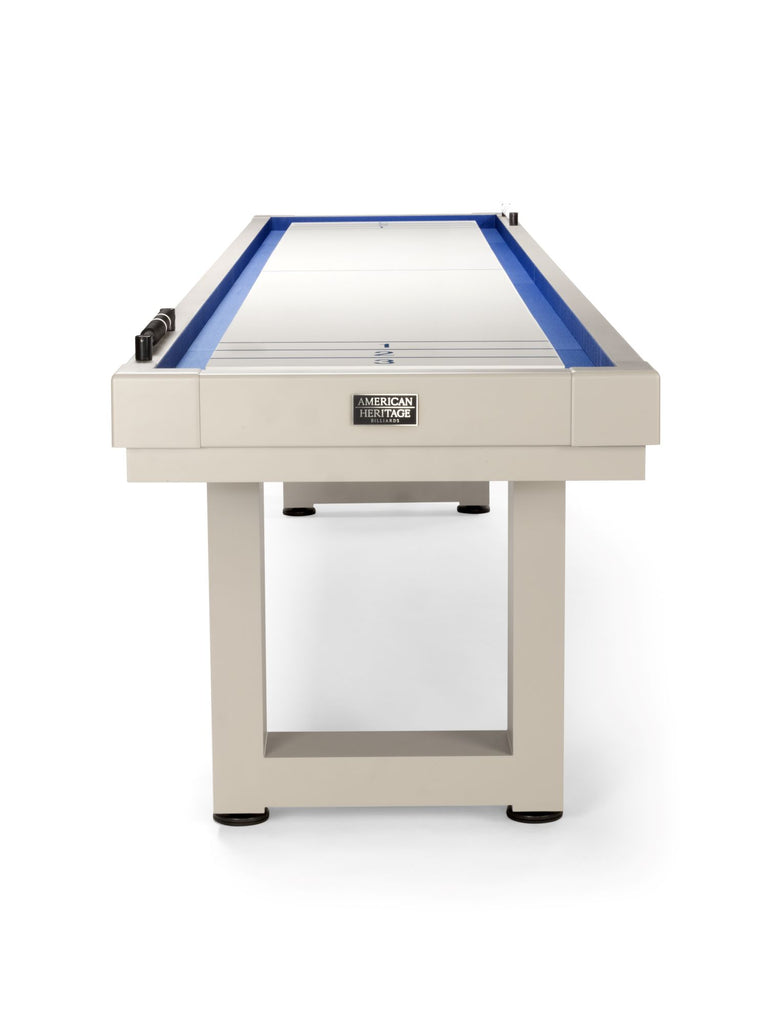 White outdoor shuffleboard end view with logo on apron 