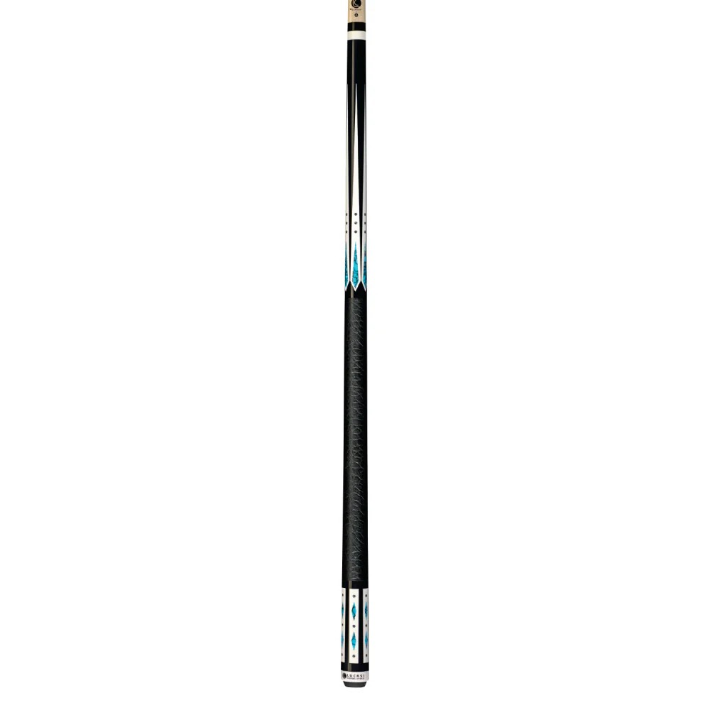 Butt End of Lucasi pool cue with black elephant leather wrap and white points detailed with blue diamond details inside