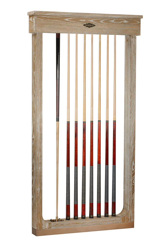 large wall rack with 7 cues and one bridgestick 