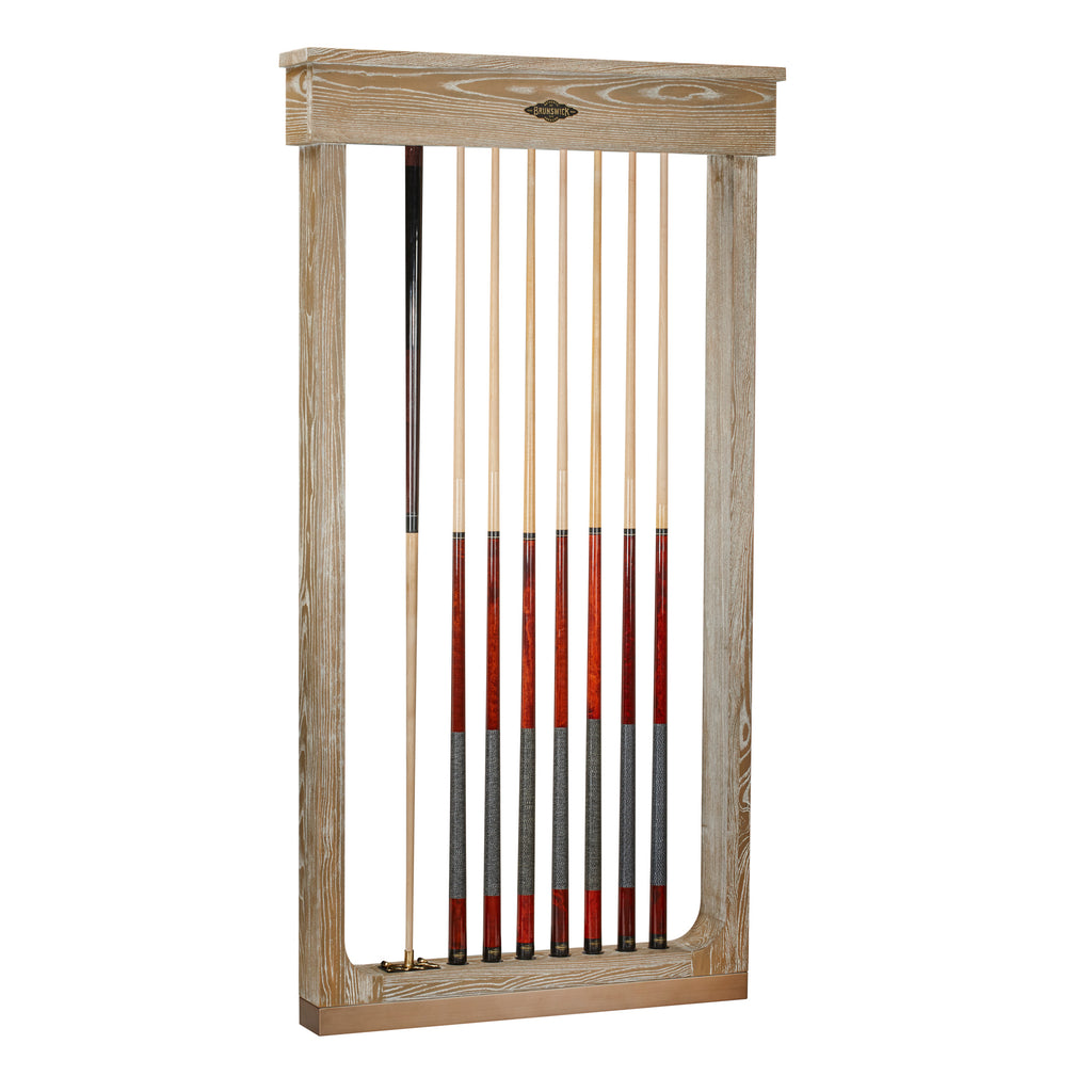 large wall rack with 7 cues and one bridgestick 