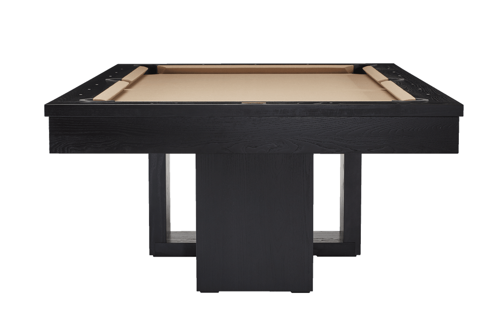 End view of pool table showing side legs and camel cloth