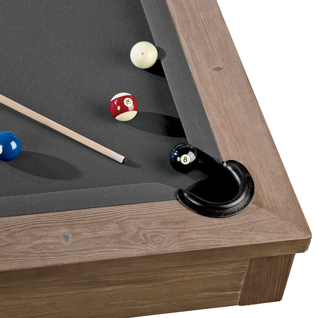 Aged Grey finish of Abbey Pool table showing corner with black pocket and charcoal felt