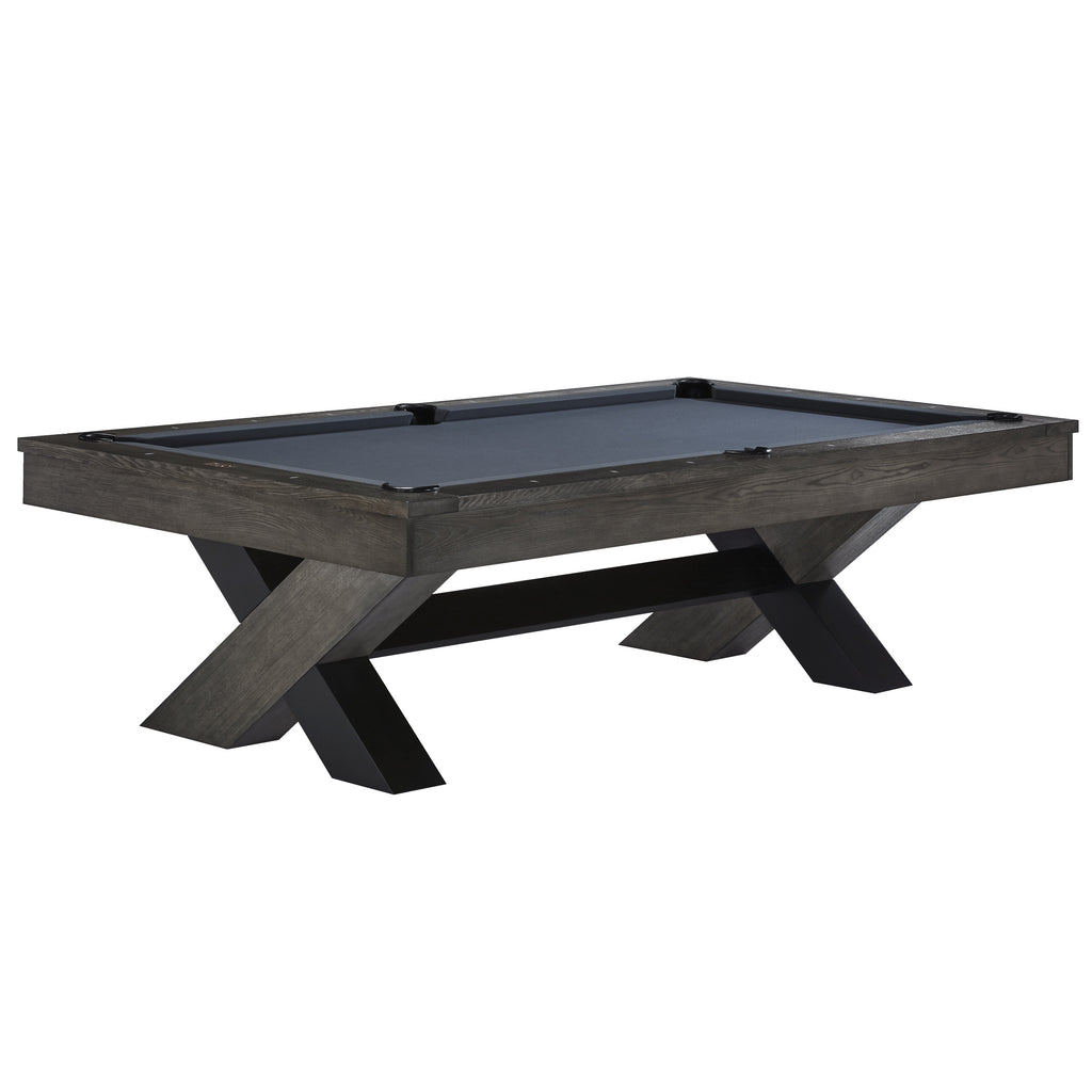 angled view of halifac pool table with black and charcoal legs and grey cloth