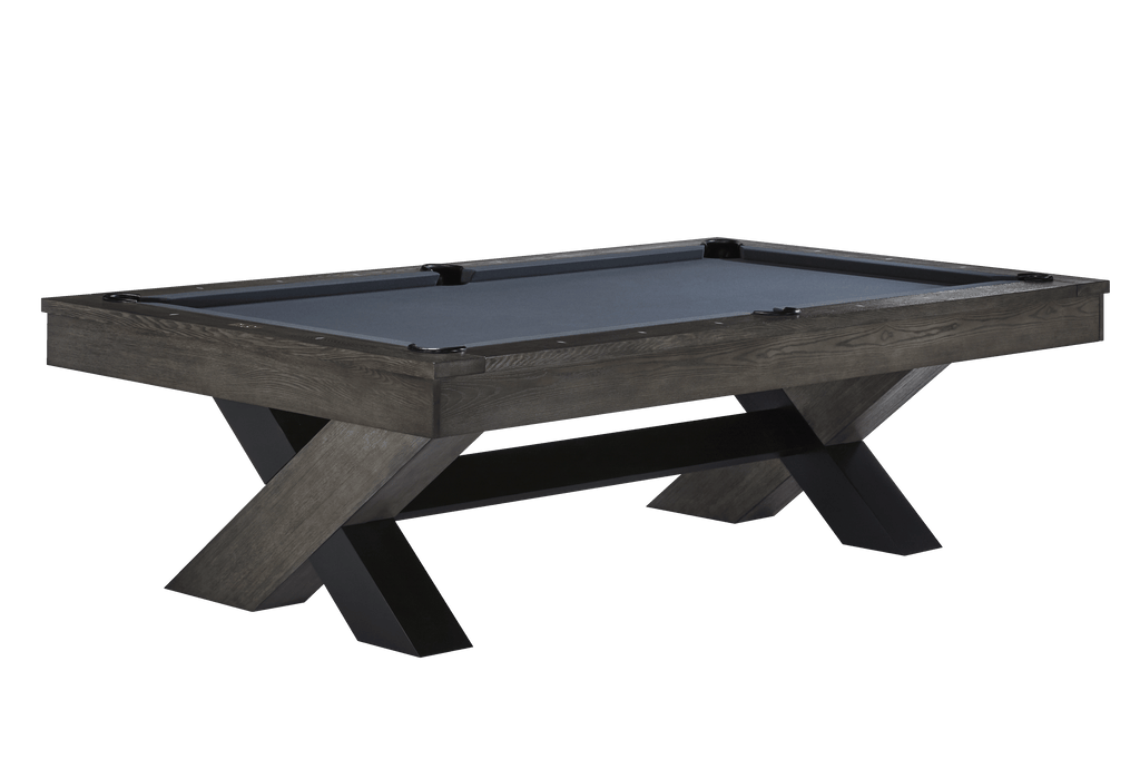angled view of halifac pool table with black and charcoal legs and grey cloth