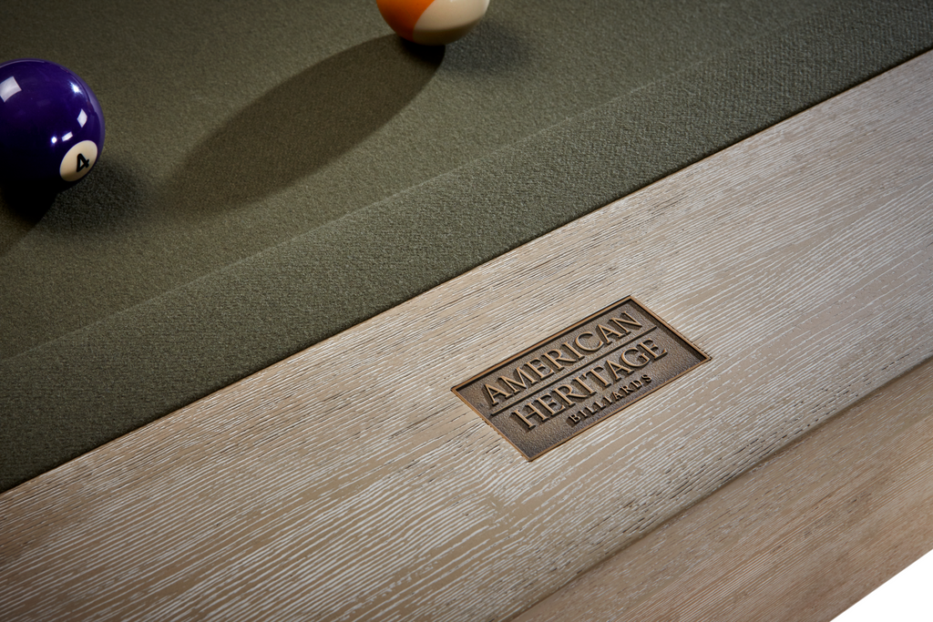Vancouver pool table in natural ash finish with olive green felt closeup american heritage billiard label