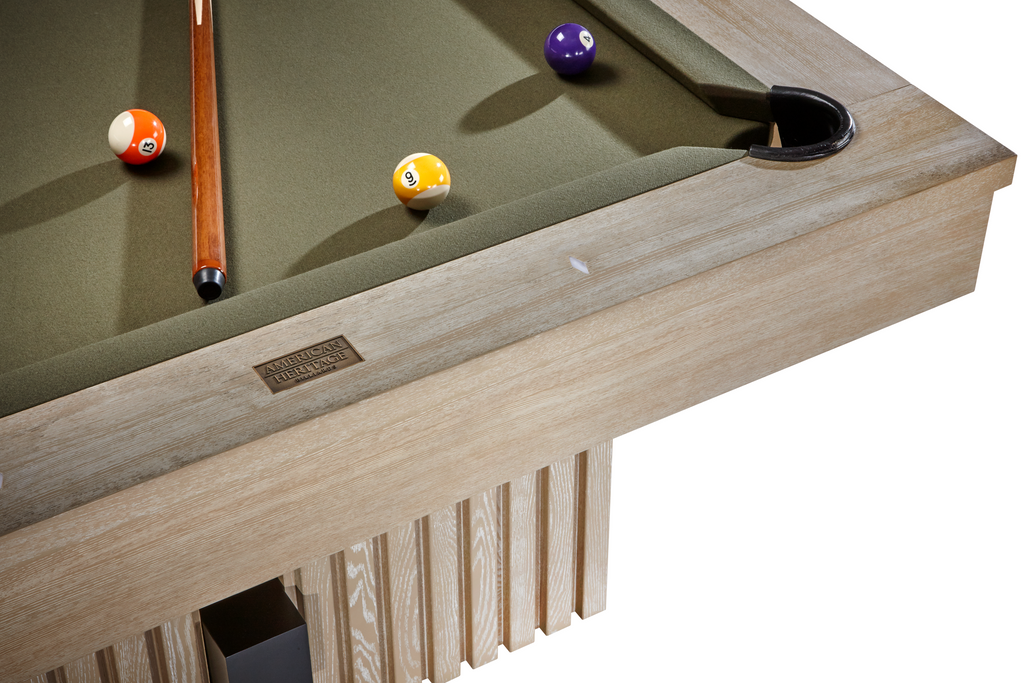 Vancouver pool table in natural ash finish with olive green felt corner view showing rail site