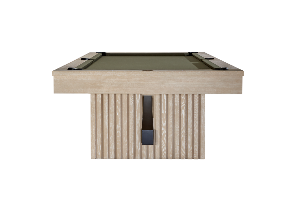 Vancouver pool table in natural ash finish with olive green felt from end view