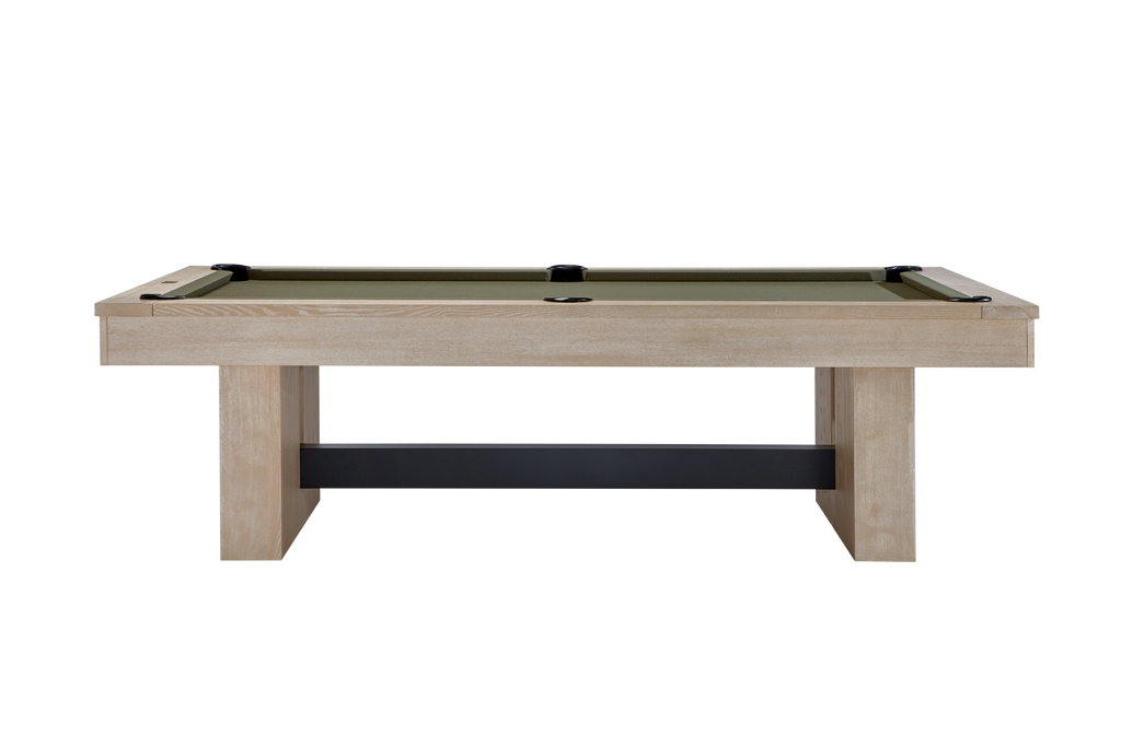 Vancouver pool table in natural ash finish with olive green felt from side view