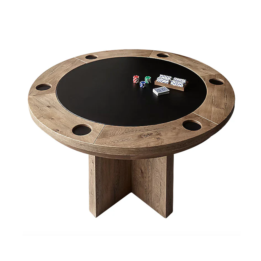 Poker table in natural dry oak finish with black leather table top