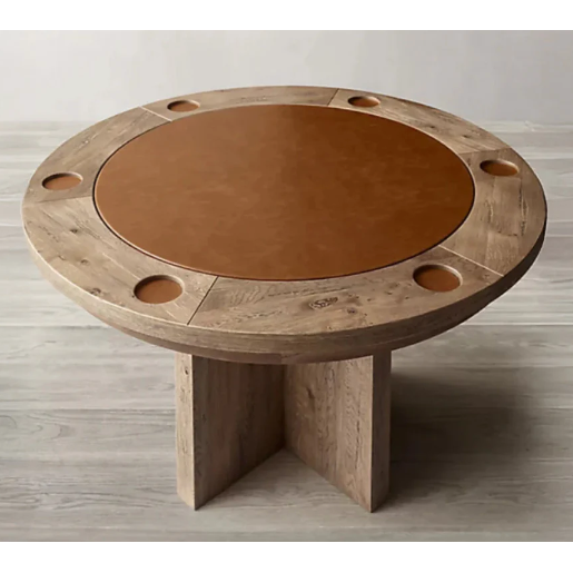 Poker table in natural dry oak finish with brown leather table top