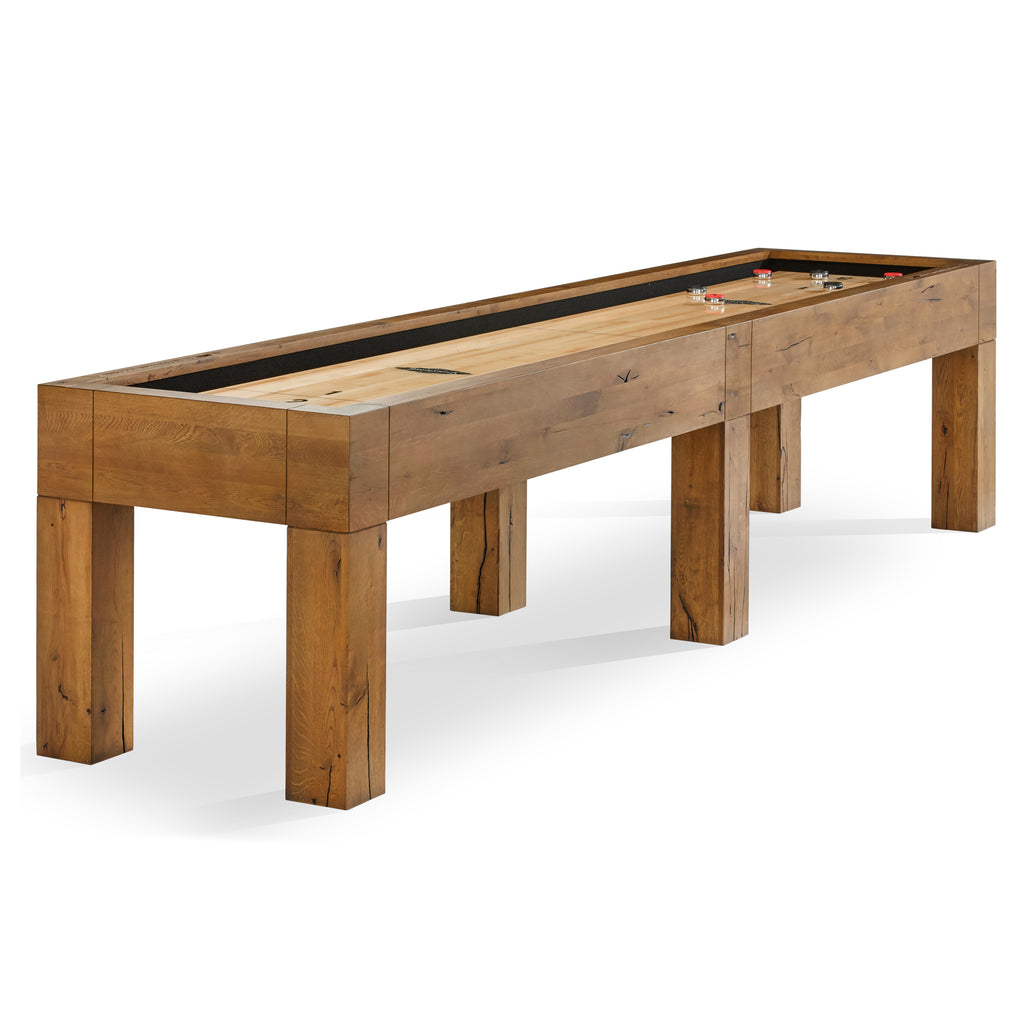 Parsons shuffleboard table with 6 legs and pucks on table