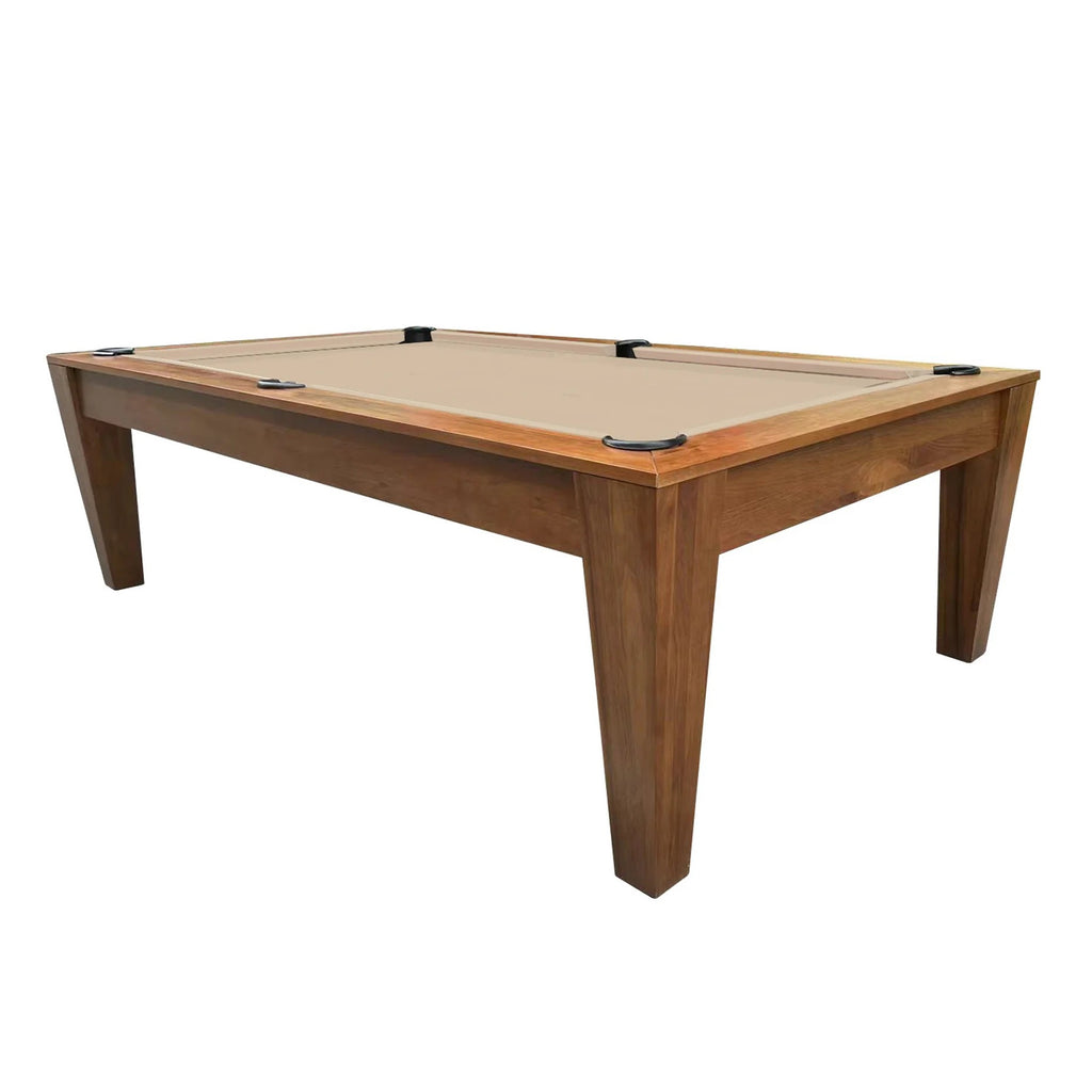 port royal pool table in walnut finish with black pocket rim and camel felt