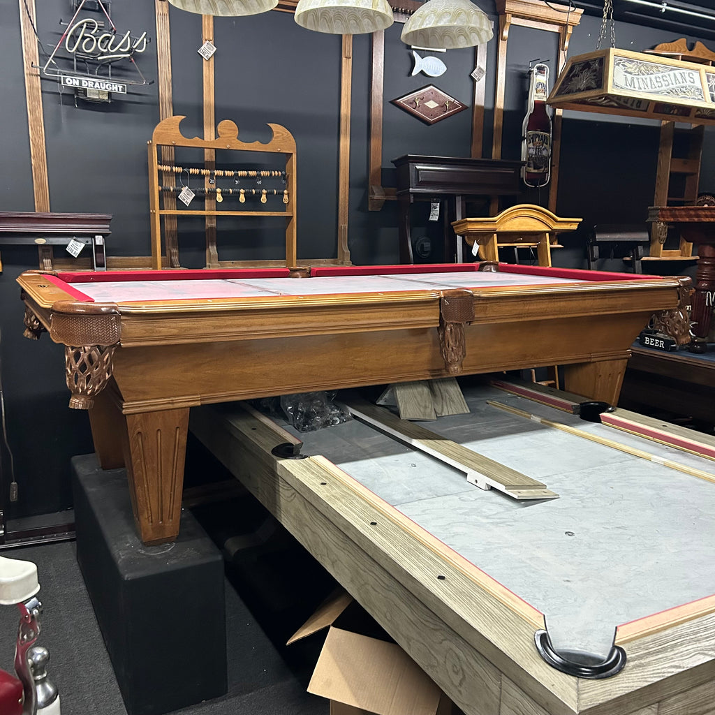 8ft proline pool table in light chestnut finish with shield pocket overall view