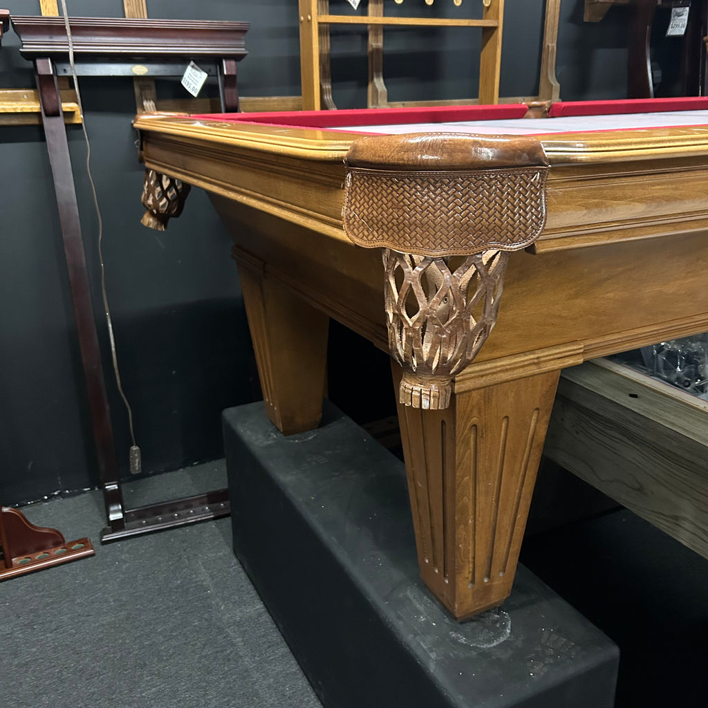 8ft proline pool table in light chestnut finish with shield pocket corner view