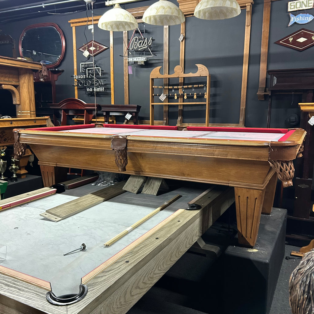 8ft proline pool table in light chestnut finish with shield pocket overall view from right side