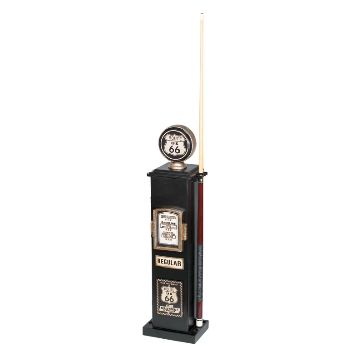 Black mini gas pump with cue being held on it