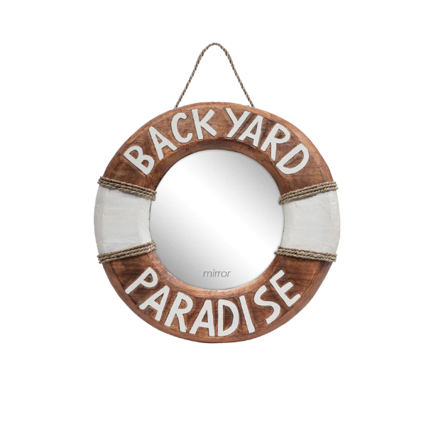 Backyard Paradise mirror with brown and white 
