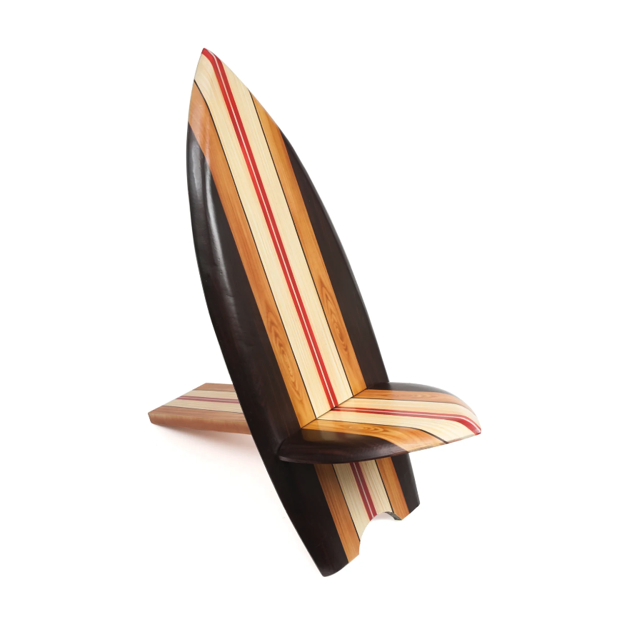 Surfboard chair with red, white, oak, and black colors