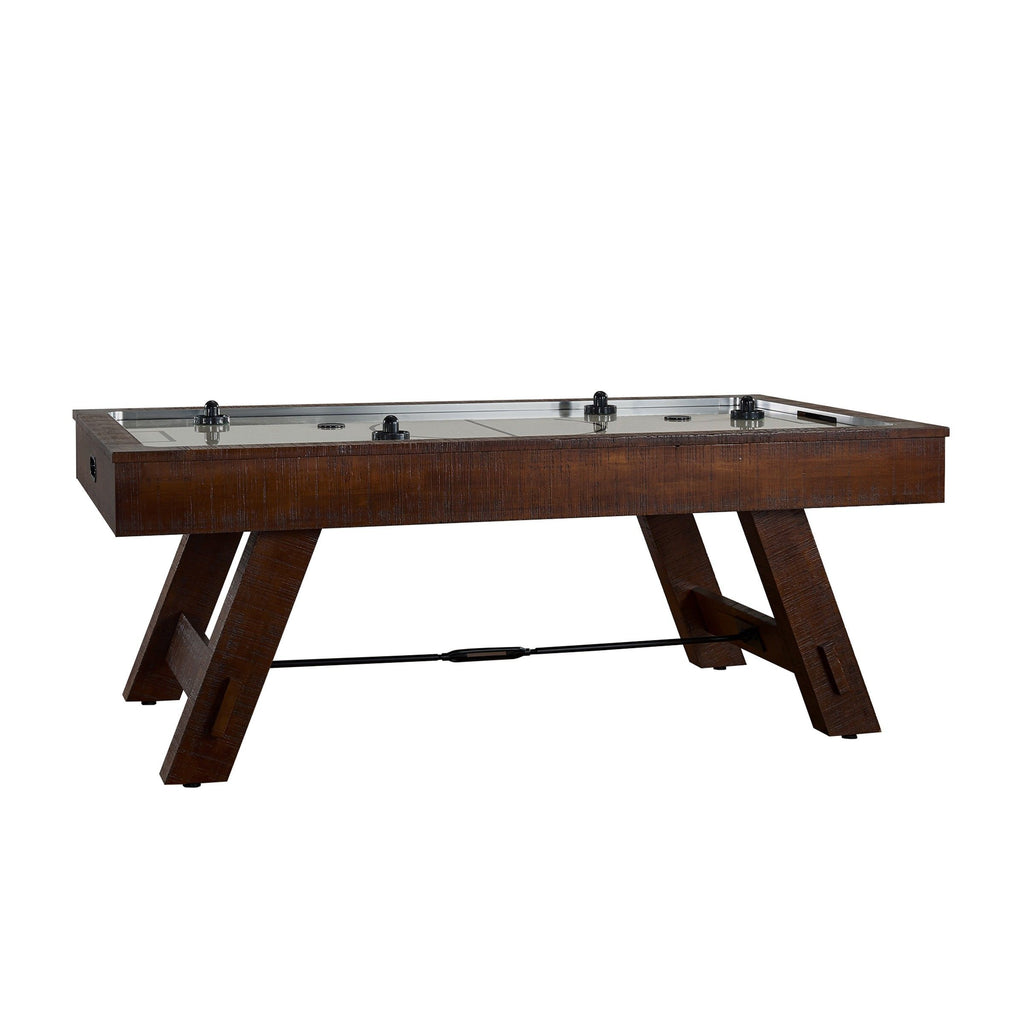 Reddish brown air hockey table with interconnecting black beam