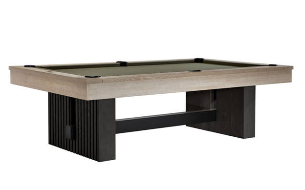 Pool table with olive green felt, natural ash rails, and black base