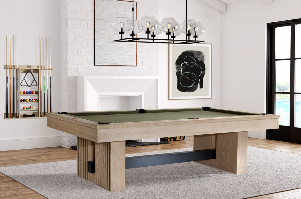 Vancouver pool table in natural ash finish with olive green felt side view in room on rug
