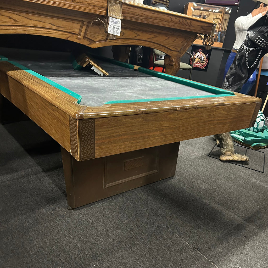 8ft Brunswick Windsor pool table from above showing slate and green rail cloth