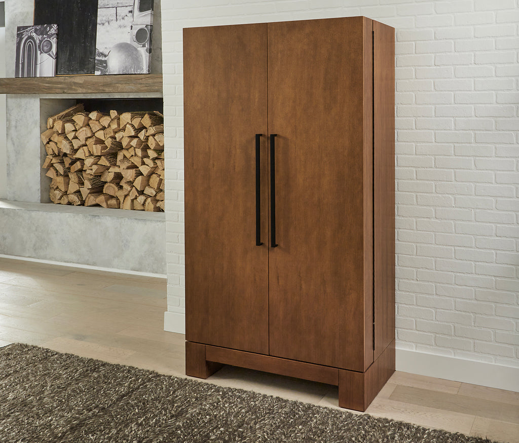 Angled view of alta wine cabinet in walnut finish in room