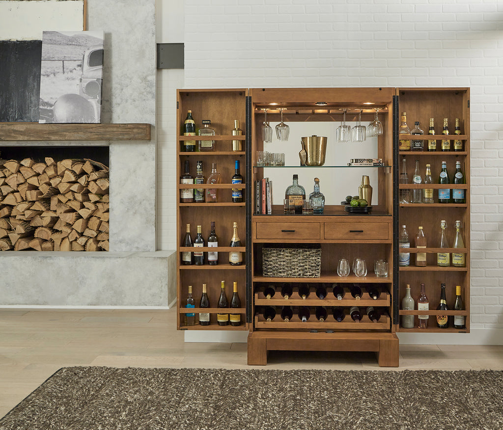 Open alta wine cabinet in brushed walnut with bottles inside