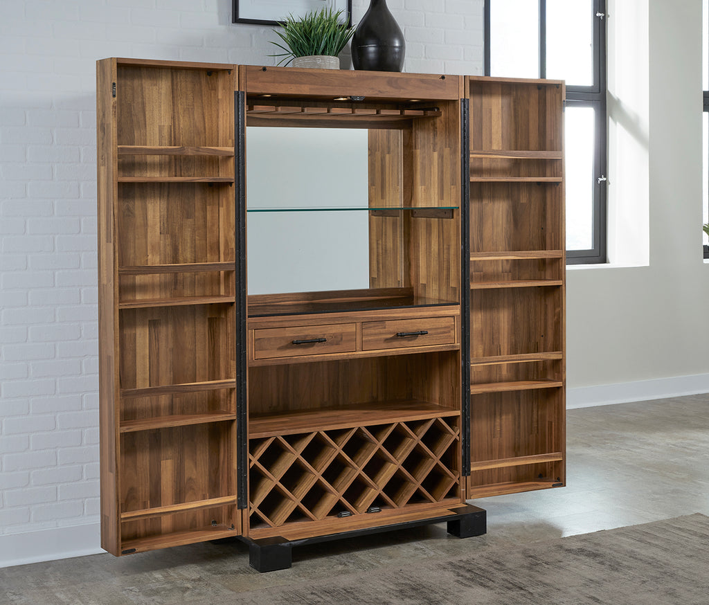 Acacia wood cabinet with shelving and mirror