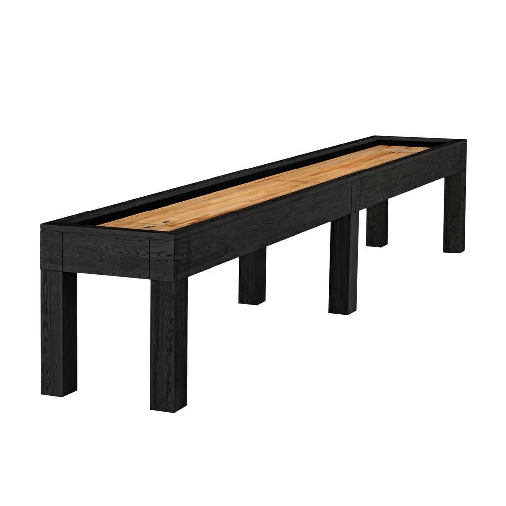 Alta shuffleboard in black finish with 6 legs and playfield