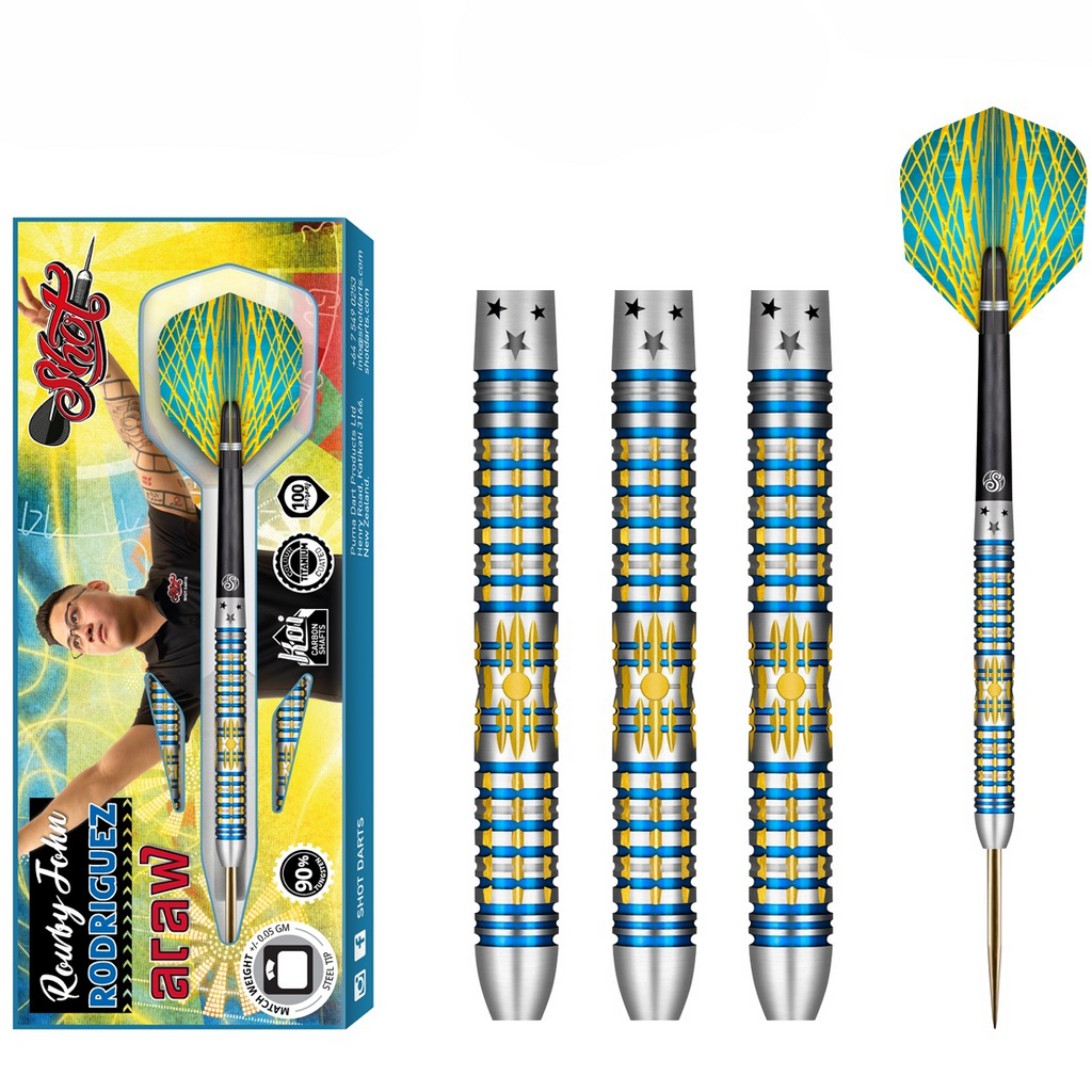 Packaging, 3 gold and blue barrels, and single dart with flight