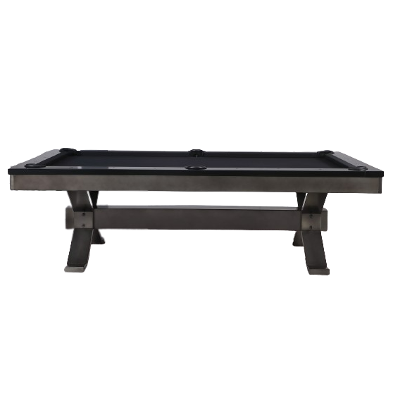Axton pool table with black onyx rail and gunmetal base and black cloth white background