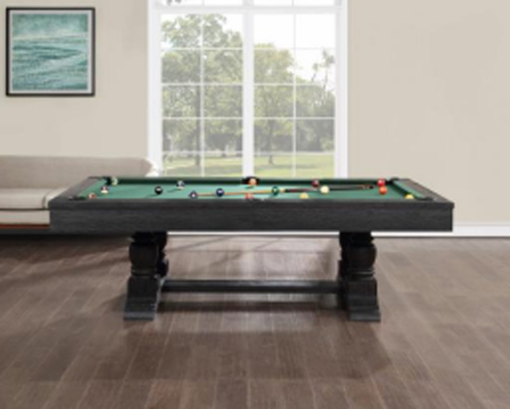 Side view of baxter pool table with black finish and green felt
