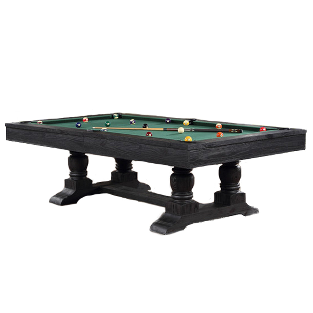 Pool table with green felt and billiard balls on a white background