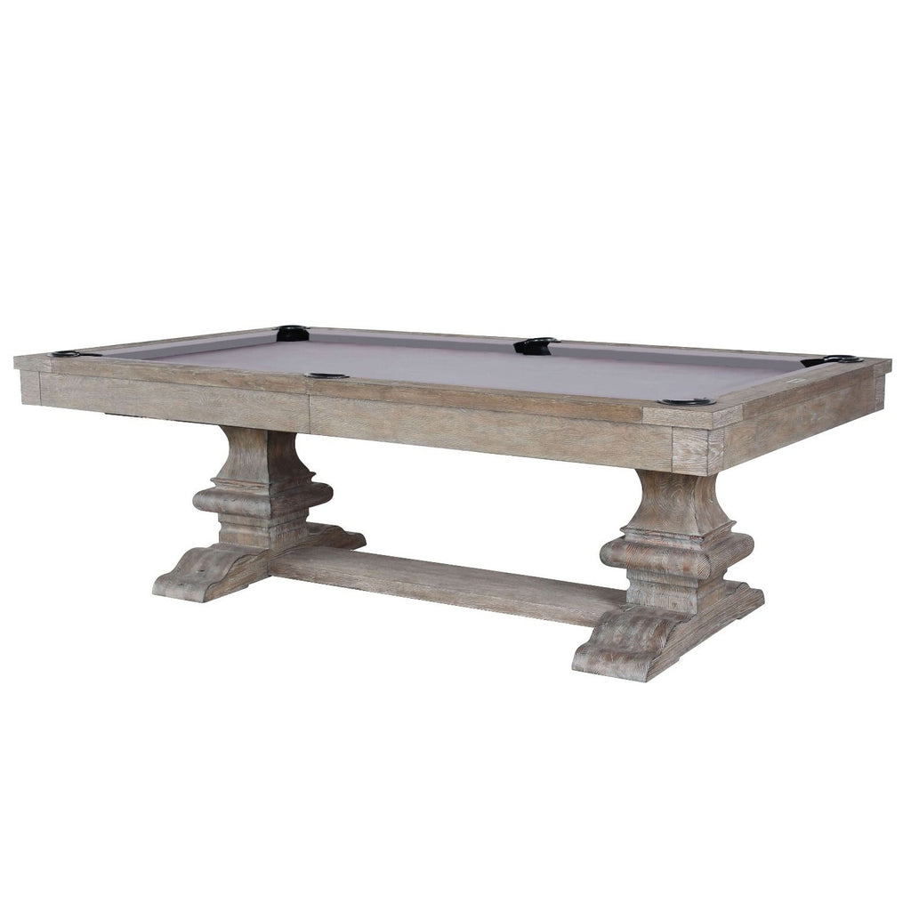 beaumont table with distressed light finish and floor stretcher