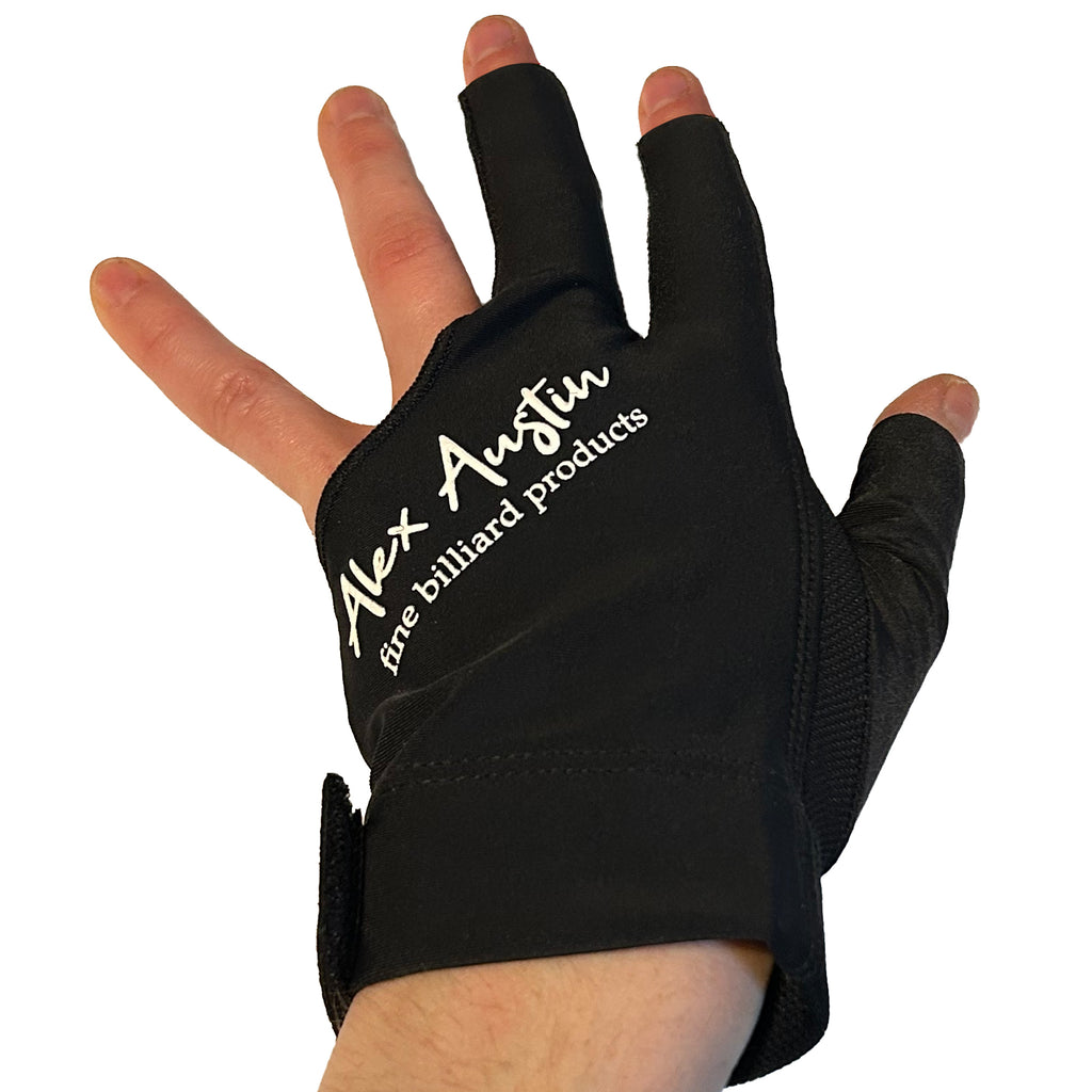 front of black premium pool glove three fingered with alex austin fine billiard products written on it