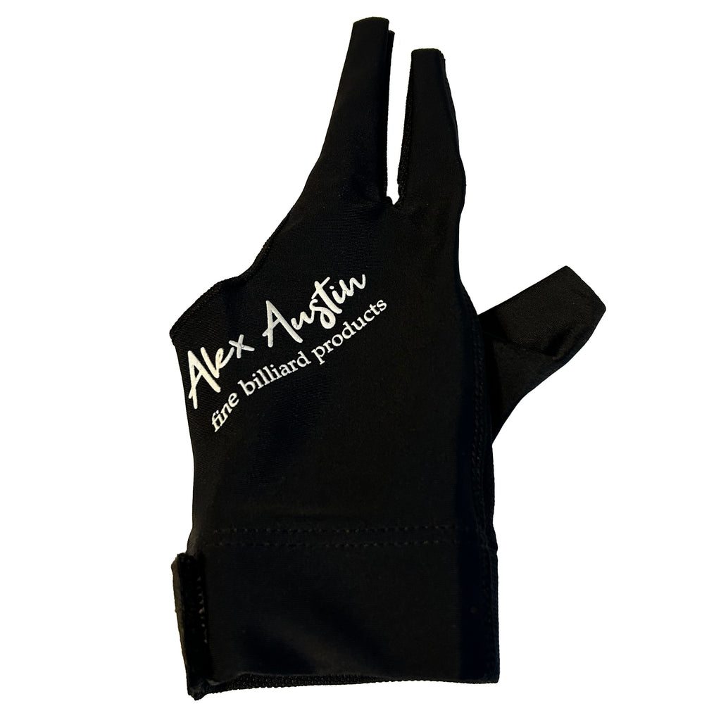 black premium pool glove three fingered with alex austin fine billiard products on it