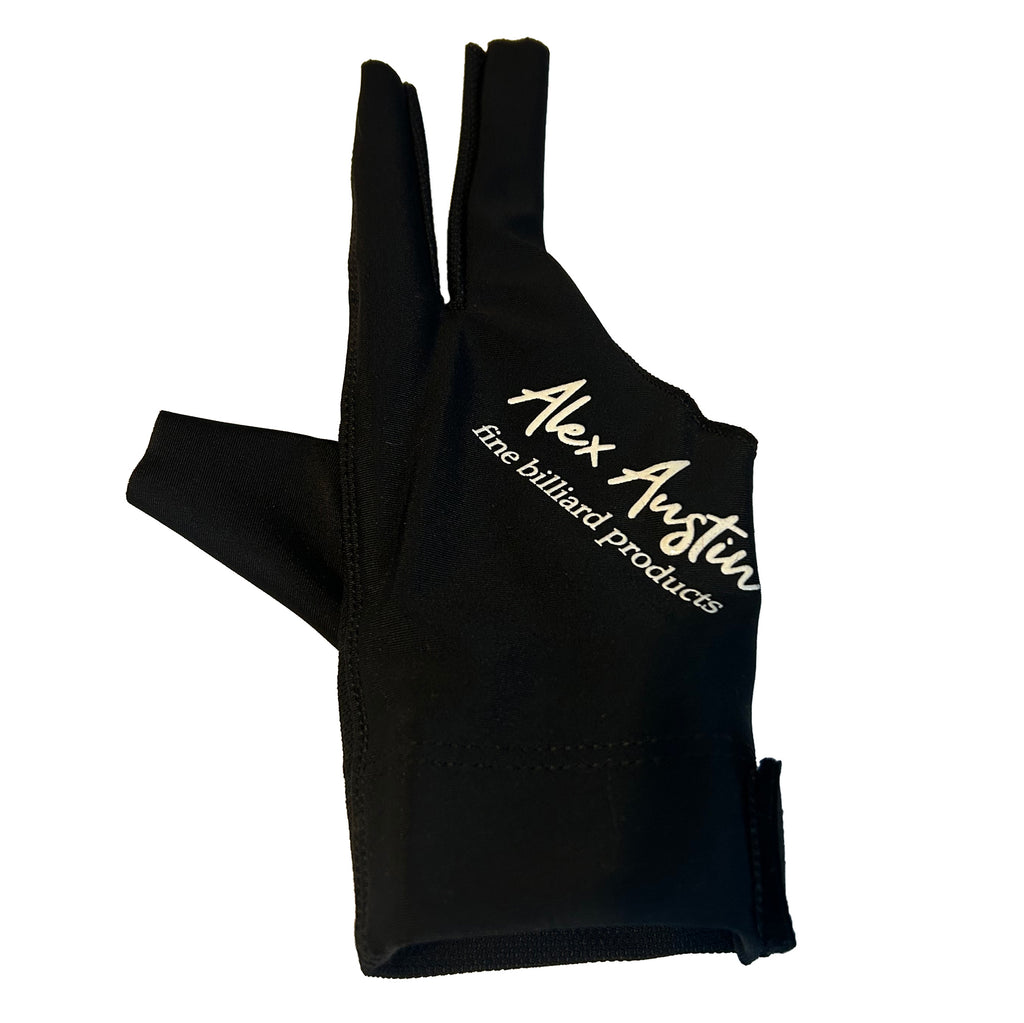 black right handed alex austin pool glove with fine billiard products on it