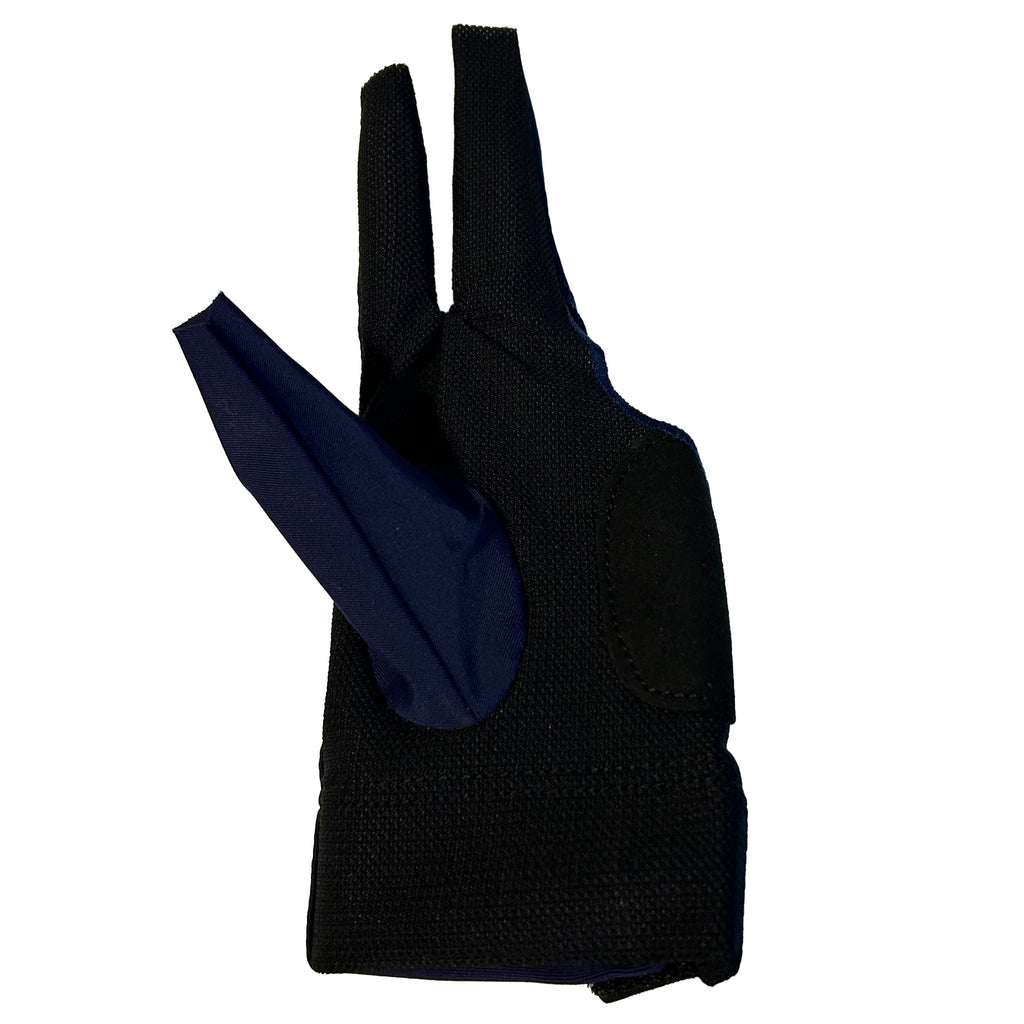 blue pool glove for left hand three fingered closed from back view