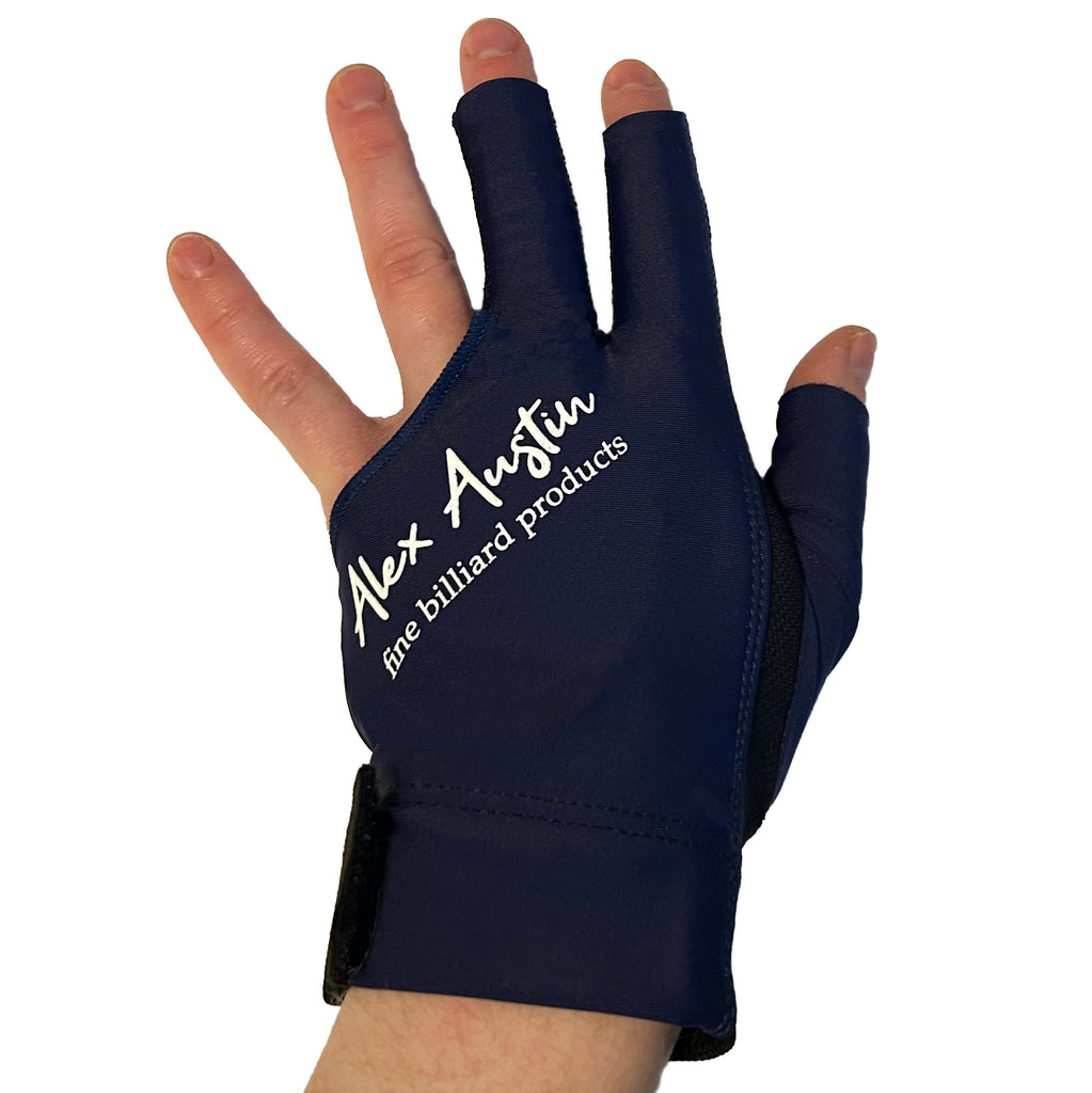 blue pool glove for left hand three fingered on a hand 