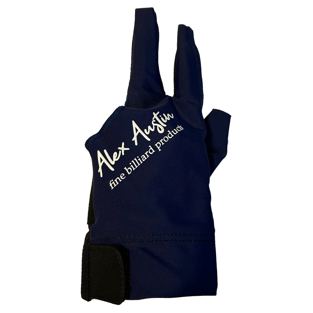 blue pool glove for left hand three fingered front side alex austin fine billiard products