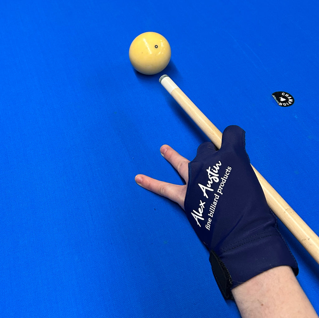 blue pool glove for left hand three fingered holding cue on blue felt