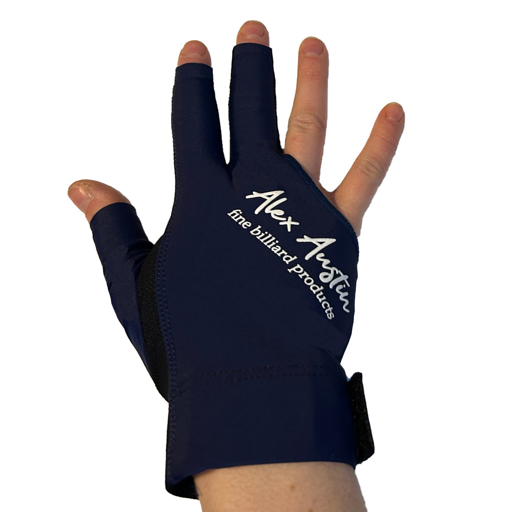 Dark Blue and black glove three fingered billiards front side on hand with alex austin logo