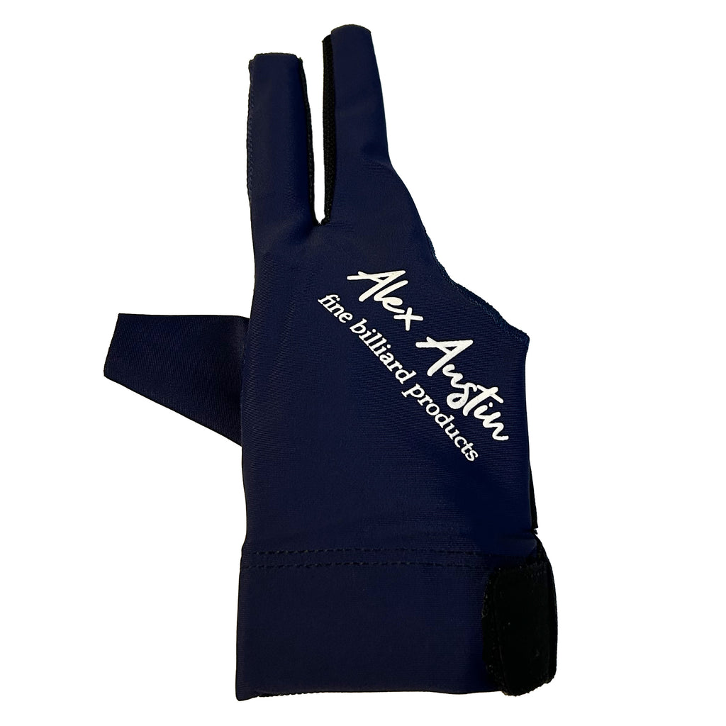 Dark Blue and black glove three fingered billiards right handed front view