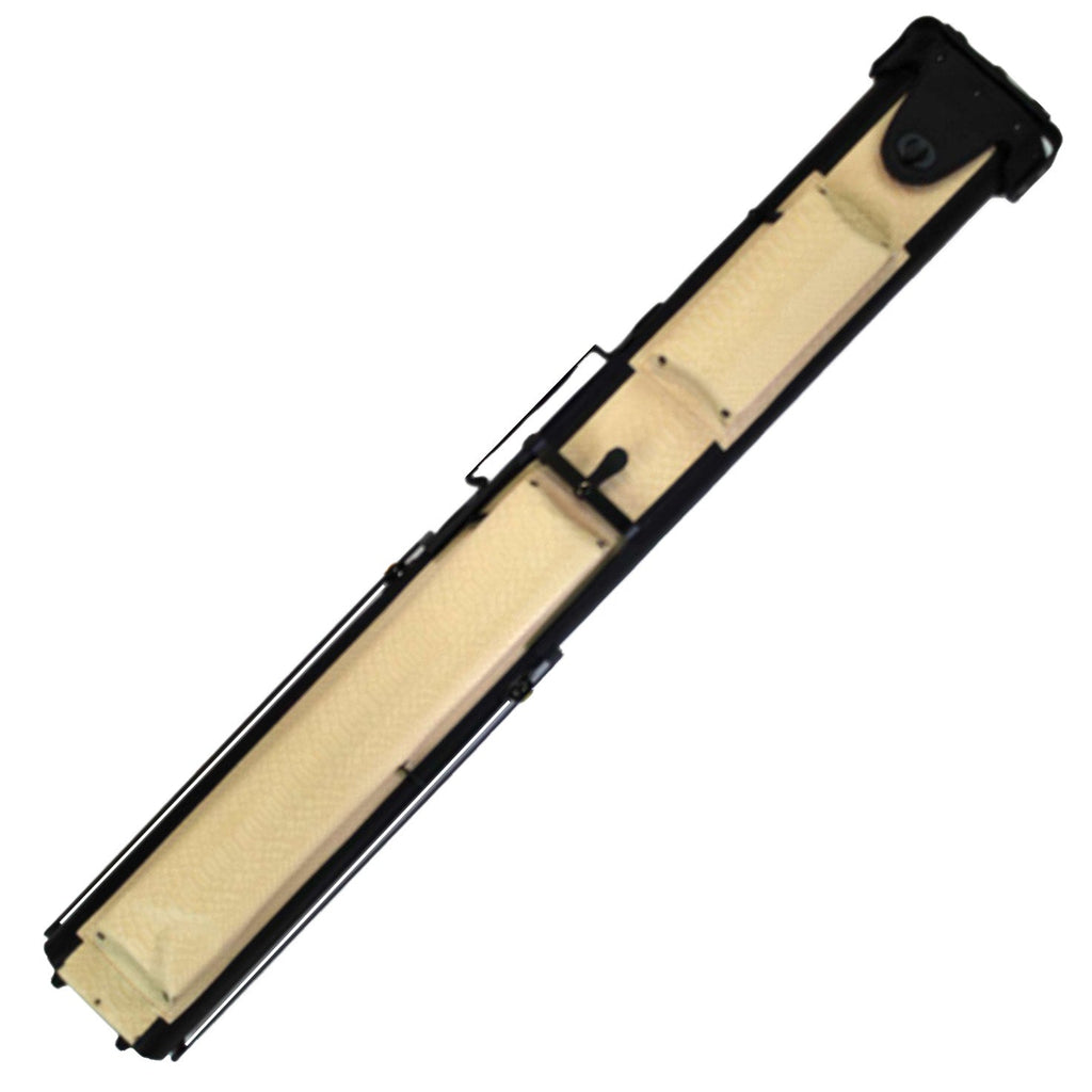 Tan and Black pool case with latch at top designed to hold 2 full cues and 2 extra shafts