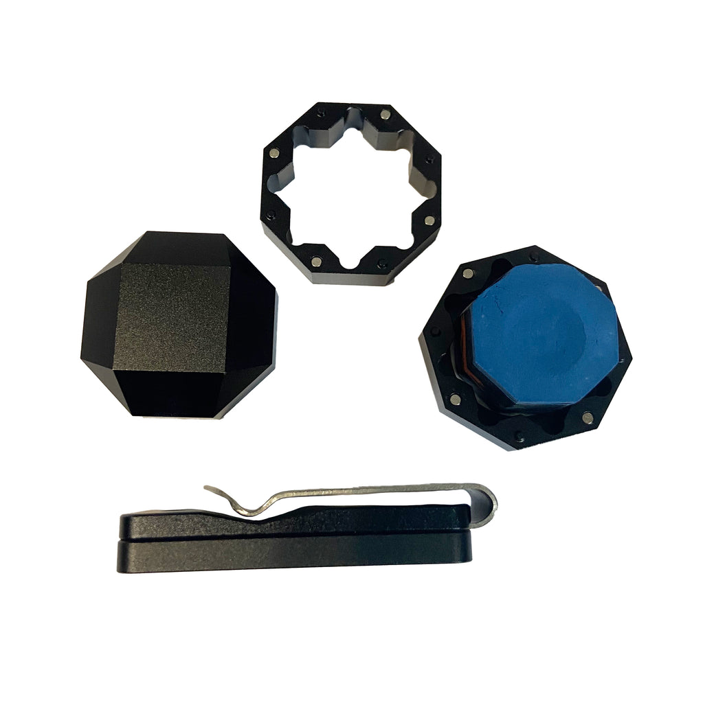 Octagon chalk holder with belt clip, lid, and middle section
