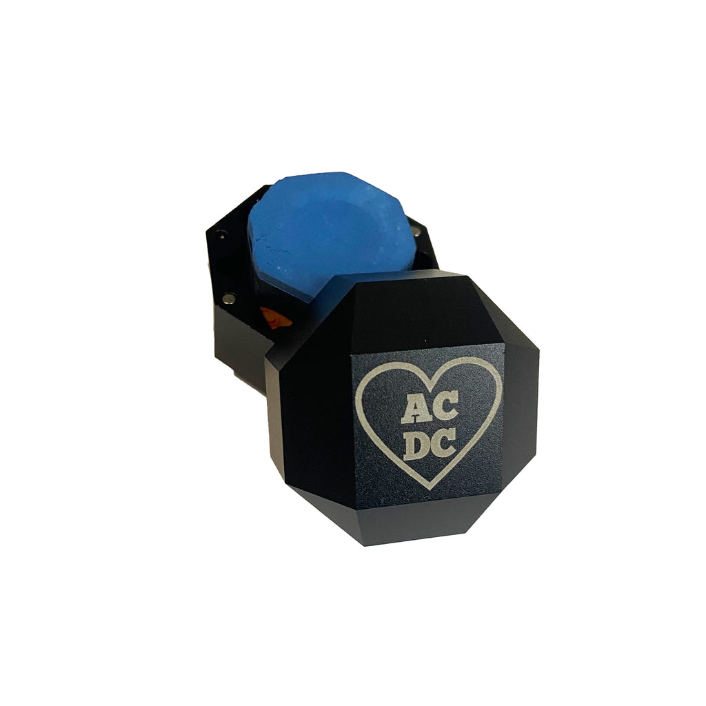 Black aluminum chalk holder with AC DC in heart engraved on lid