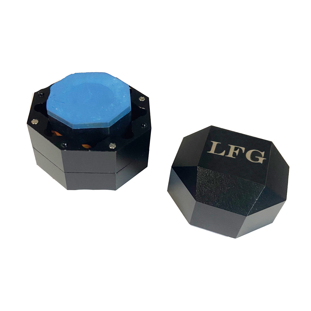 Chalk holder with LFG in block font engraved on lid 