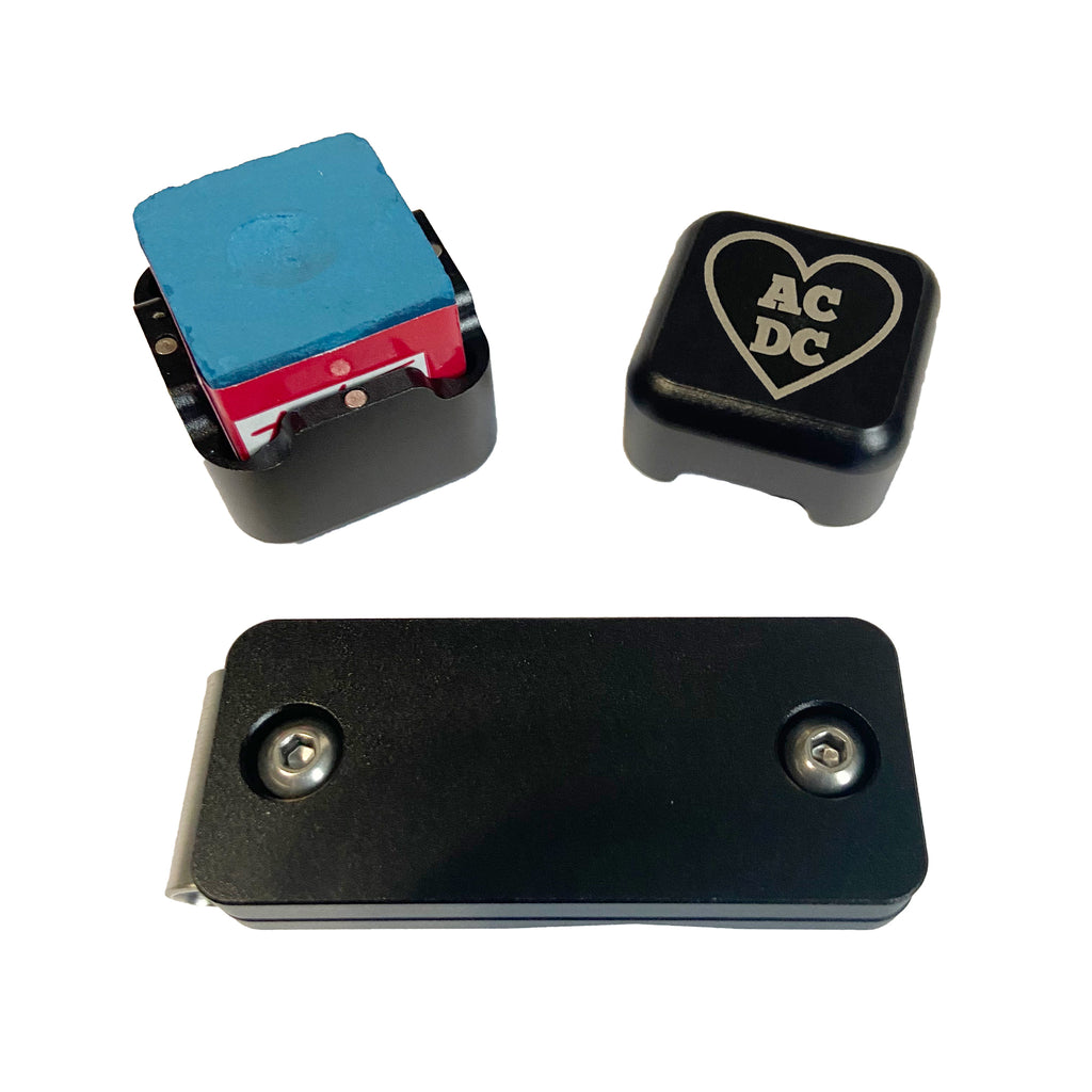 black square magnetic chalk holder with clip and engraved heart with AC DC block letters