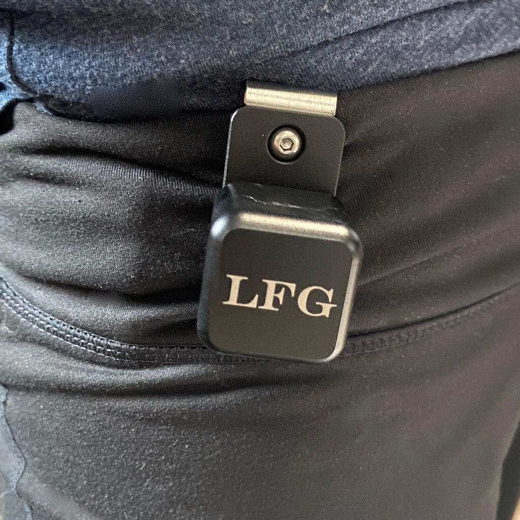 pocket chalker clipped on belt with engraved initials LFG